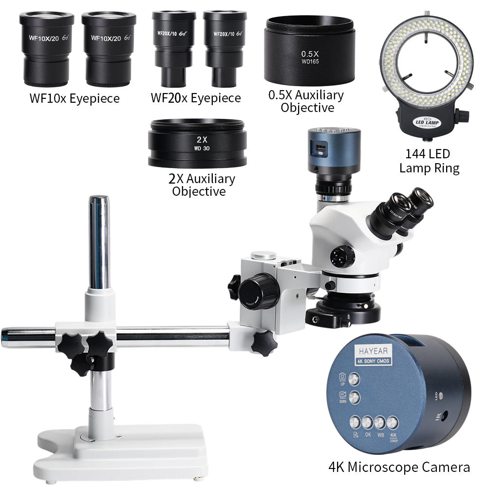 3.5X-200X Magnification Simul-Focal Trinocular Stereo Microscope 4K HDM Camera 144 LED Ring Light Metal Boom Stand Precision Imaging