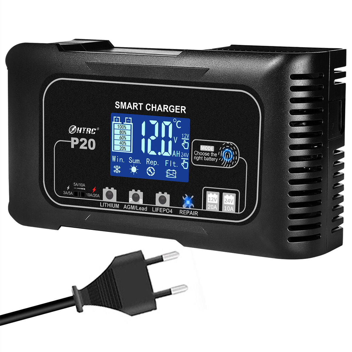 20A P20 12V-24V Smart Battery Charger For Car Motorcycle Battery Repair Charging For Auto Moto Lead Acid AGM Lithium LiFePo4 Batteries