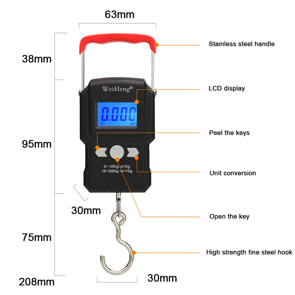 Portable 50Kg/10g LCD Digital Display Backlight Hanging Hook Scale Double Accuracy Fishing Travel Mini Electronic Weighing Express Scale
