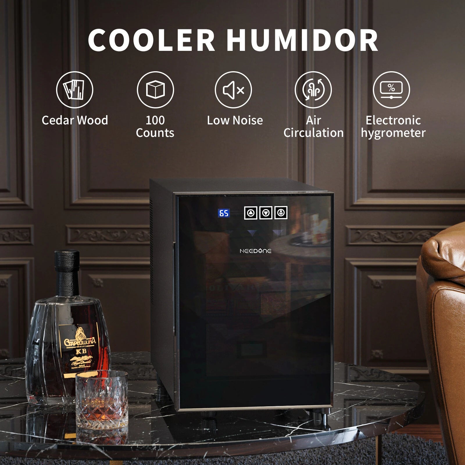 16L Cooler Humidor, Electronic Cooler Humidor with Spanish Cedar Wood Shelves Upgraded Version with Digital Hygrometer Displays, 100 Capacity