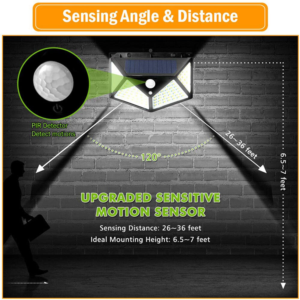 3pcs 100 LED Solar Powered PIR Motion Sensor Wall Light Outdoor Garden Lamp 3 Modes