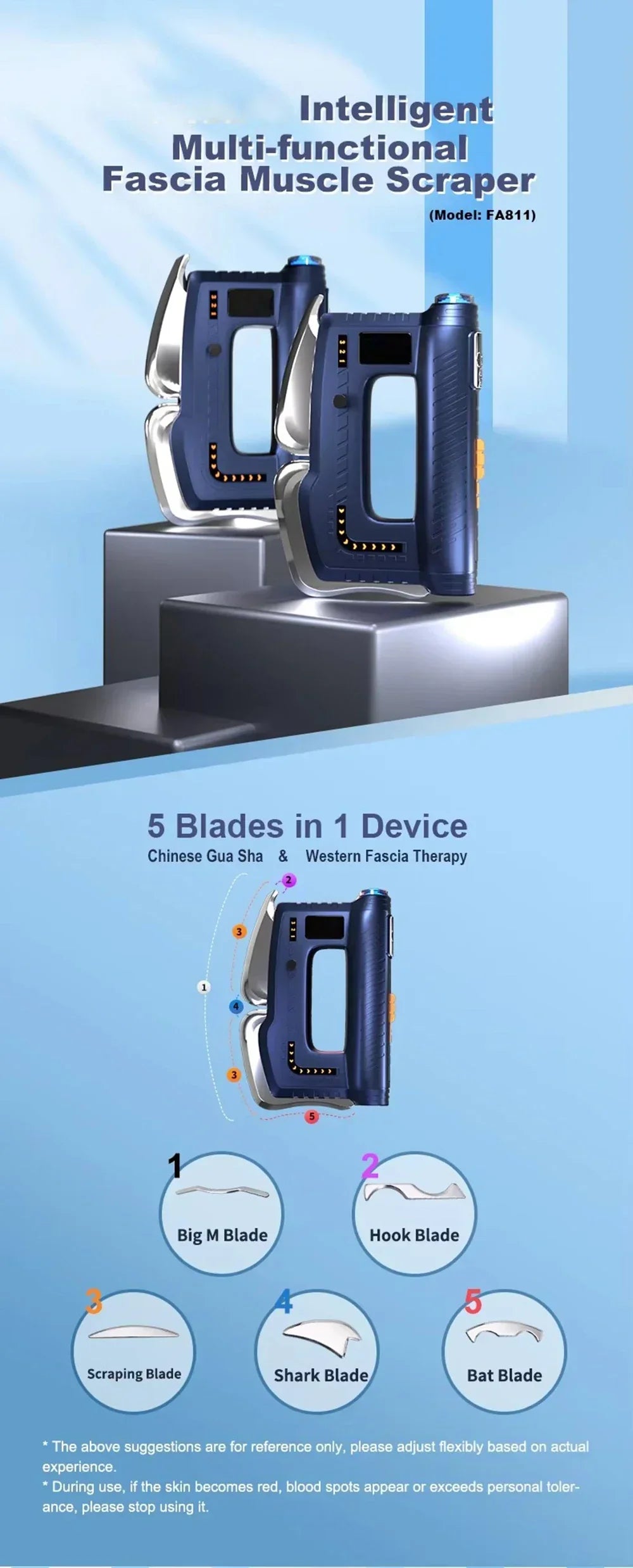Multi-Function Scraping Massager with Heating, EMS, and Red Light Therapy - Black/Blue, 3 Gears, Type-C Charging
