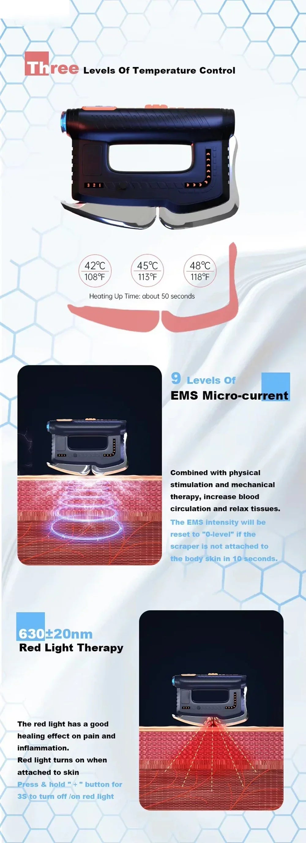 Multi-Function Scraping Massager with Heating, EMS, and Red Light Therapy - Black/Blue, 3 Gears, Type-C Charging
