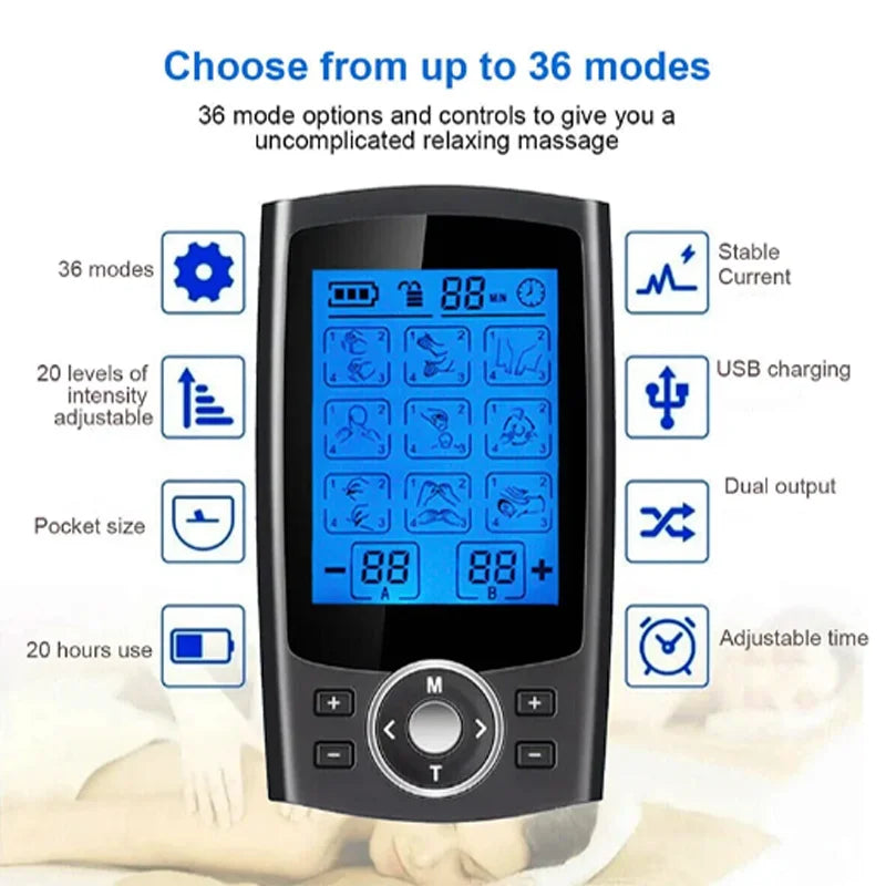 Dual Channel TENS EMS Unit - 36 Modes Muscle Stimulator for Pain Relief, 10 Pads, Portable with Storage Bag