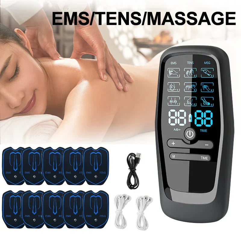 TENS Electric Massager with 6 Modes & 19 Intensity Levels for Pain Relief, Rechargeable, Includes Electrodes & USB Cable