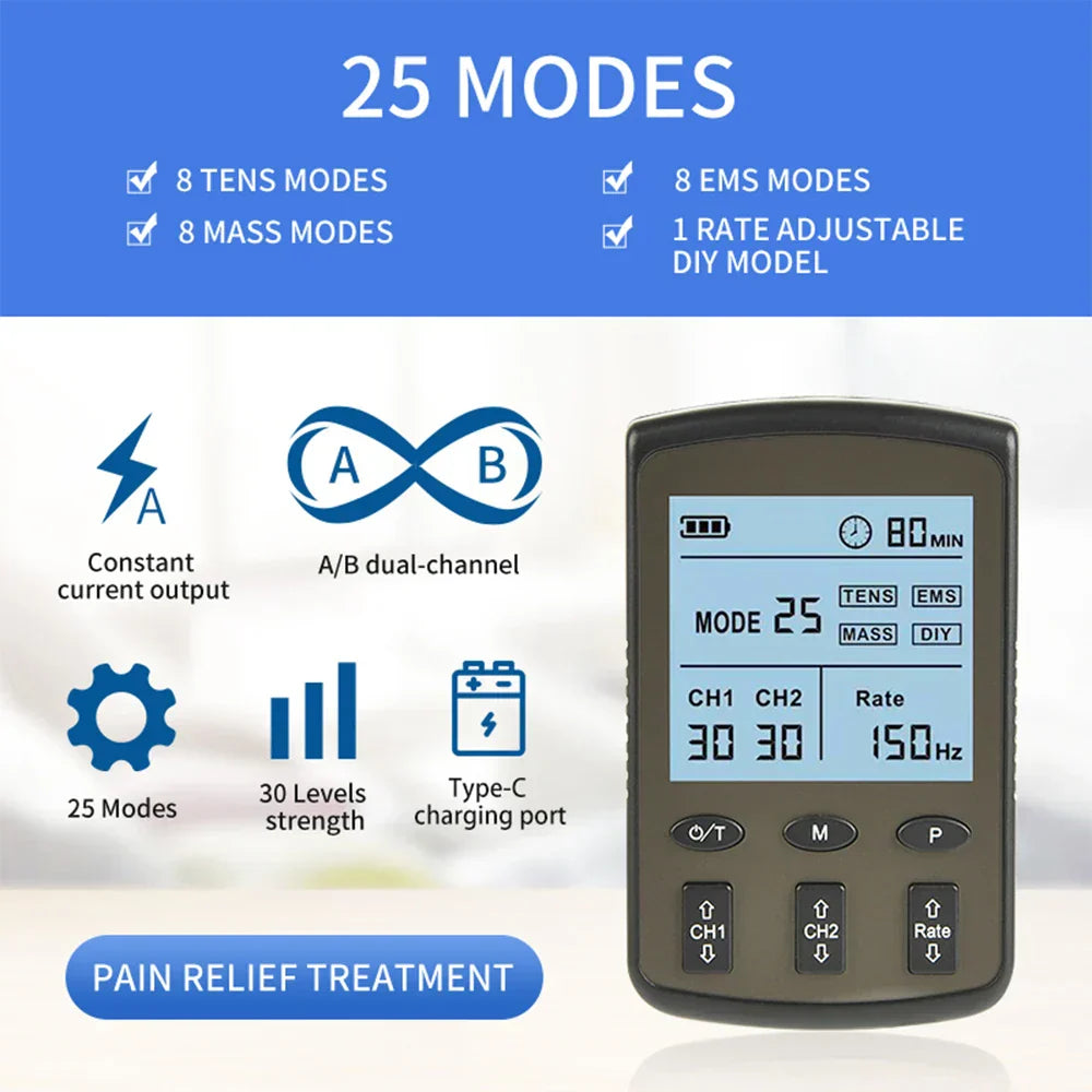 25-Mode TENS EMS Muscle Stimulator for Pain Relief & Body Massage - Digital Therapy Machine with Adjustable Intensity