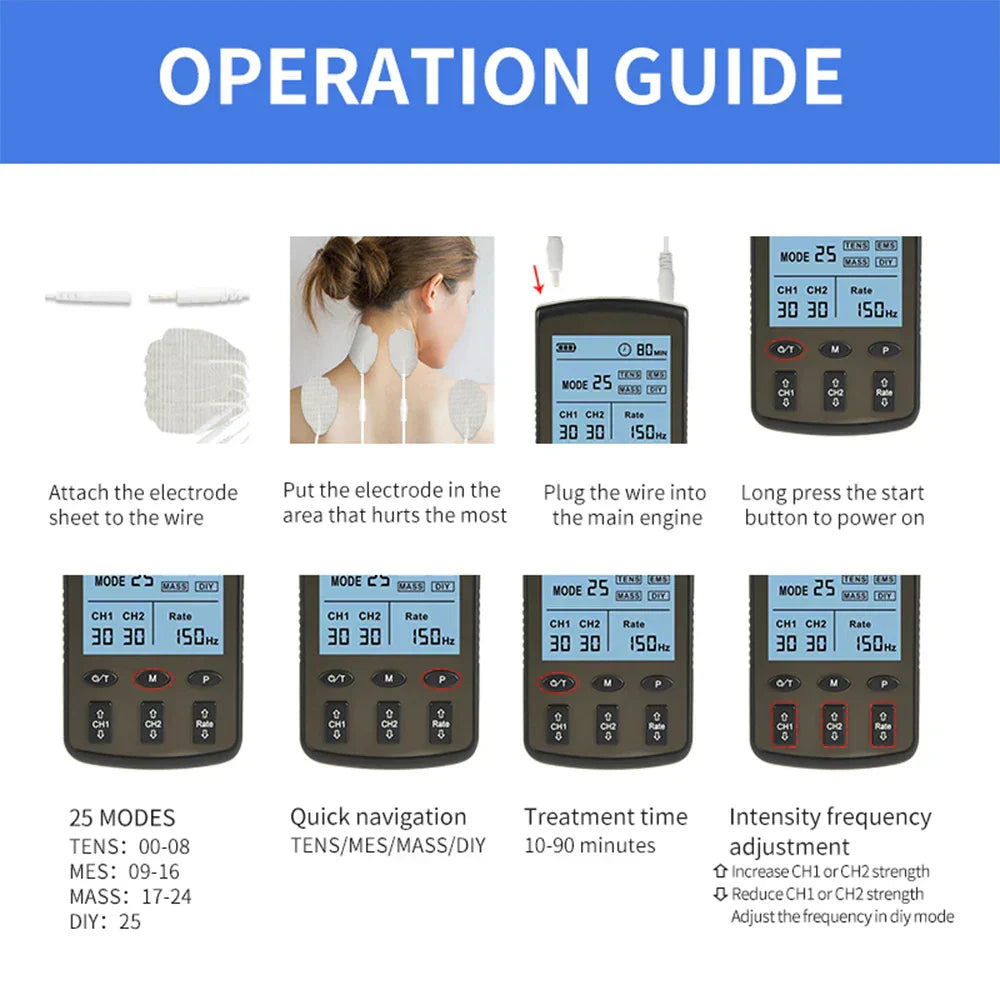 25-Mode TENS EMS Muscle Stimulator for Pain Relief & Body Massage - Digital Therapy Machine with Adjustable Intensity