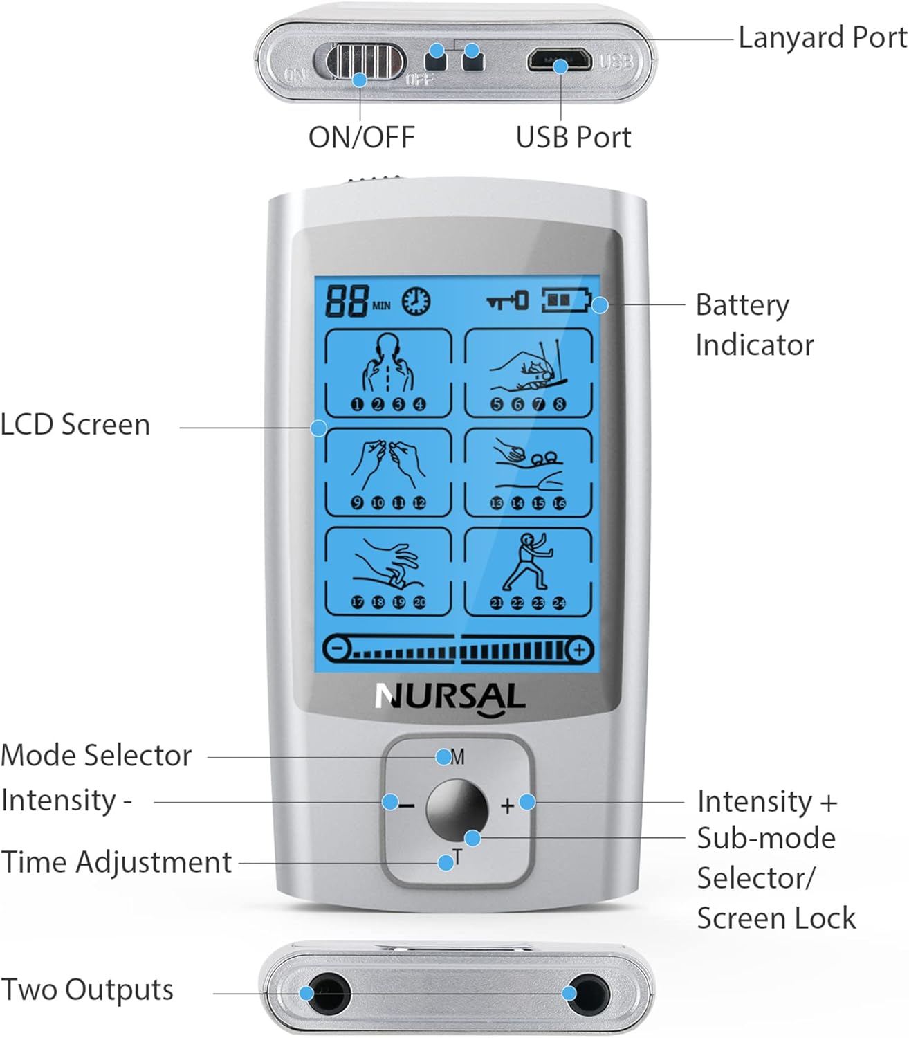 TENS & EMS Pain Relief Machine with Electrode Pads, USB Cable, and Accessories for Muscle Recovery and Conditioning