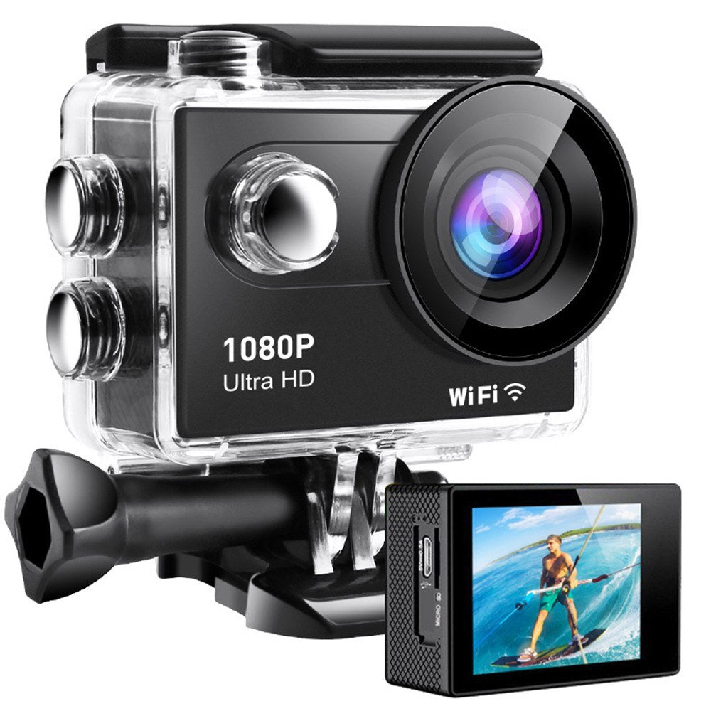 Rugged 1080P UHD Action Camera - 2.0" LCD, 12MP, 30M Waterproof, Anti-Shake, 120° Wide w/Case