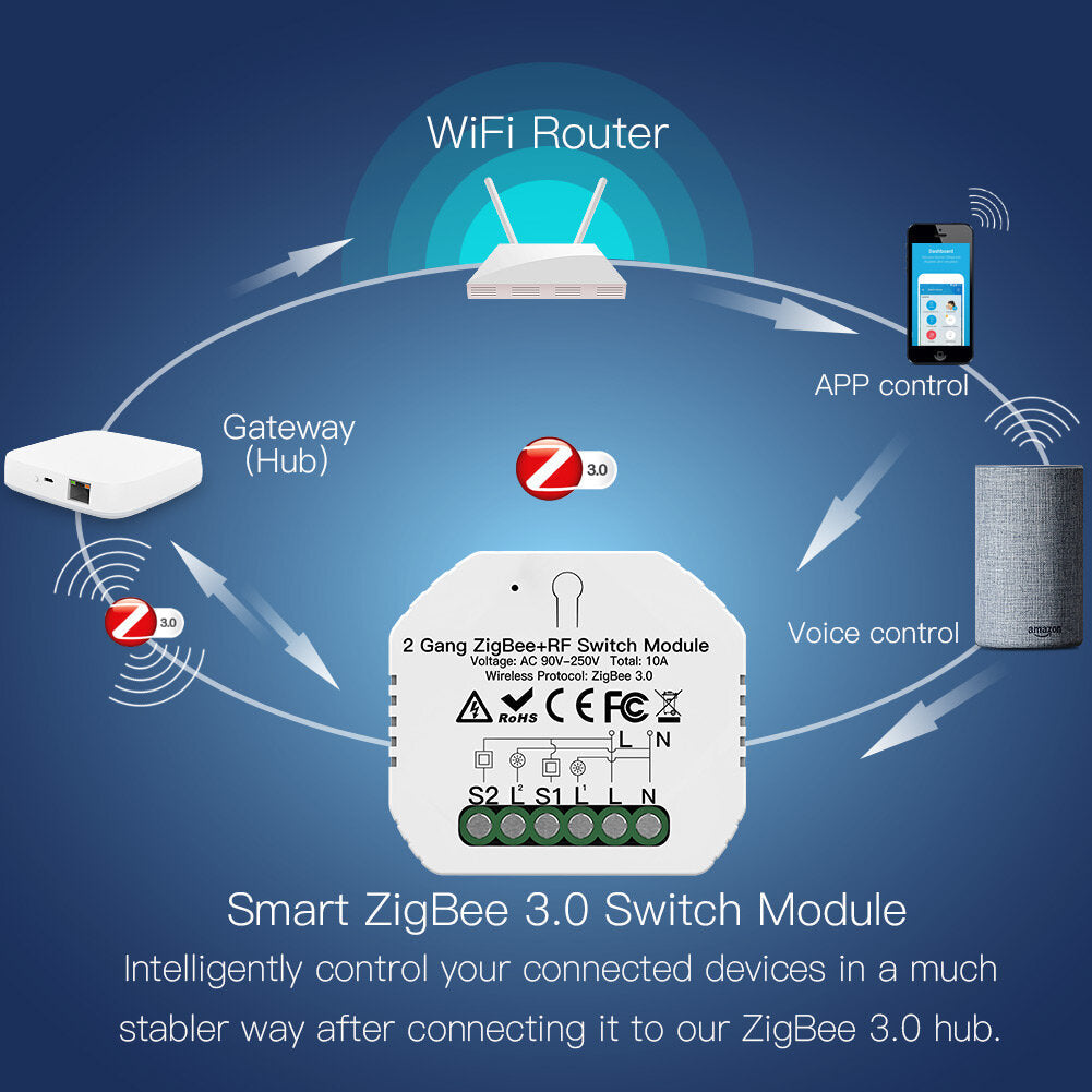 Smart Light Switch RF Relay Module Smart Life/Tuya Control Work with Alexa Google Home 2 Gang