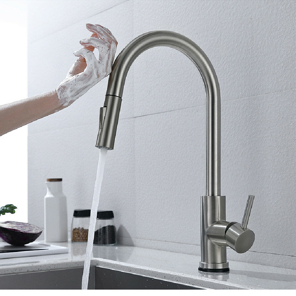 Brushed Nickel Stainless Steel Kitchen Sink Faucets Mixer 360 Rotation Smart Touch Sensor Pull Out Hot Cold Water Tap Crane