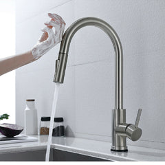 Brushed Nickel Stainless Steel Kitchen Sink Faucets Mixer 360 Rotation Smart Touch Sensor Pull Out Hot Cold Water Tap Crane