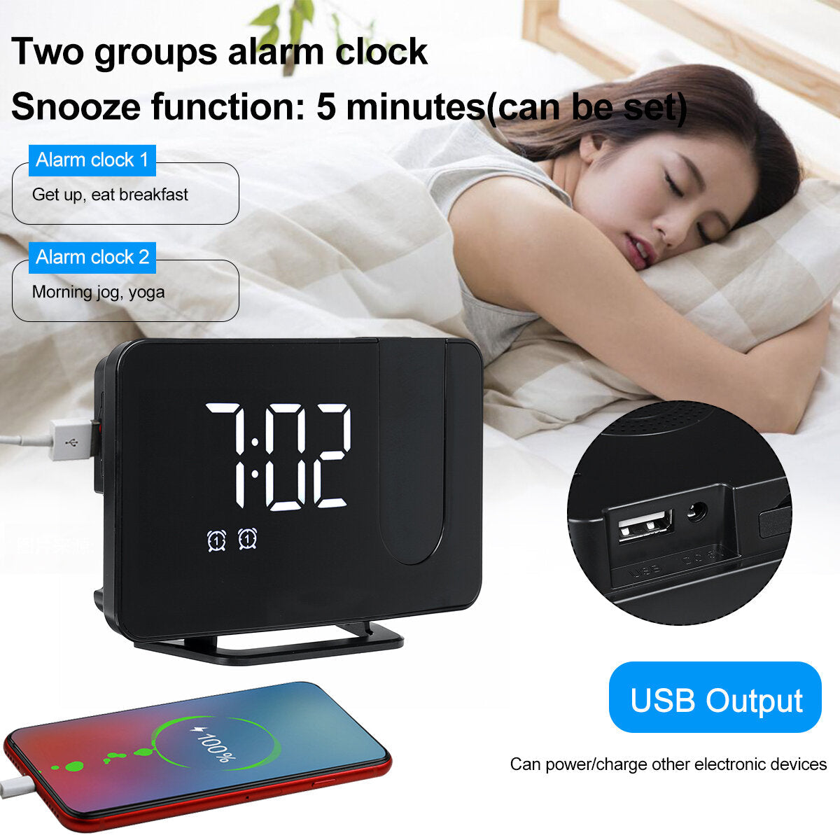 USB FM Radio Alarm Clock With Time Projection Dimmable Alarm Clock