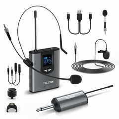 UHF Wireless Lavalier Microphone 50m Mic Handheld + Headset for Live Stream Teaching Recording