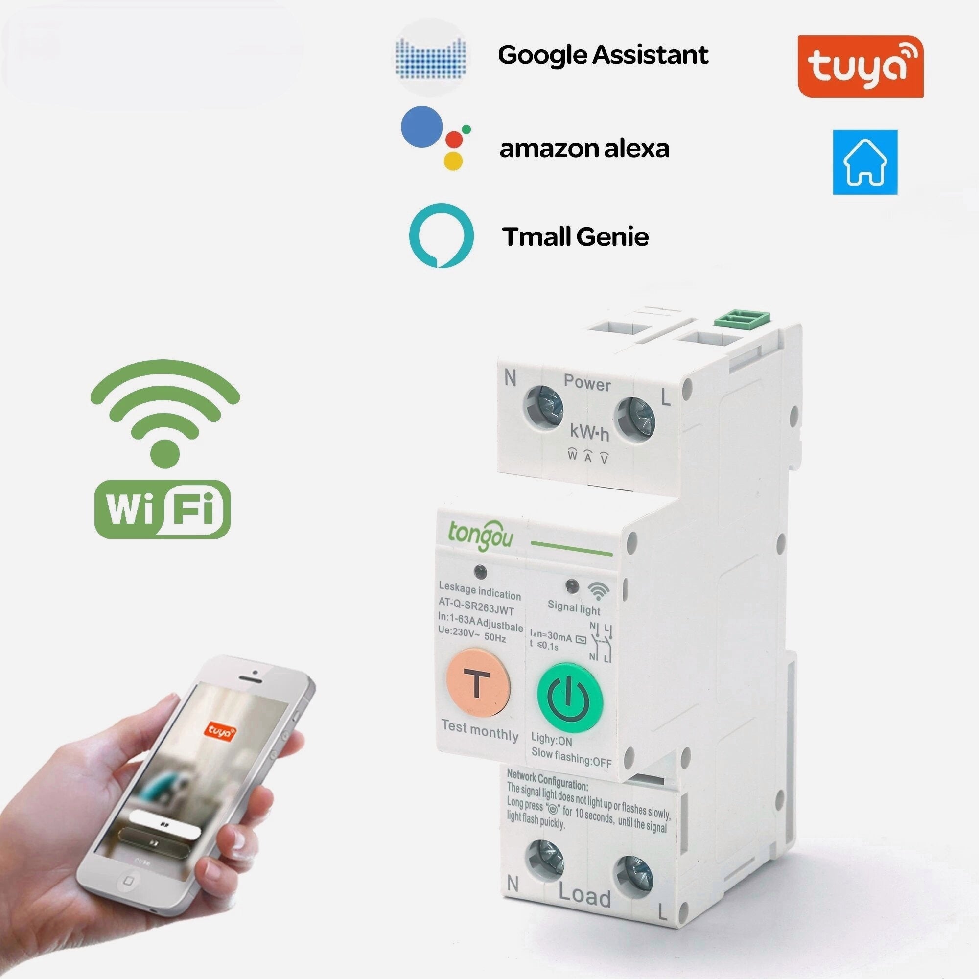 Single Phase WIFI Smart Energy 63A Meter Kwh Metering Monitoring Circuit Breaker Timer Relay with Leakage Protection