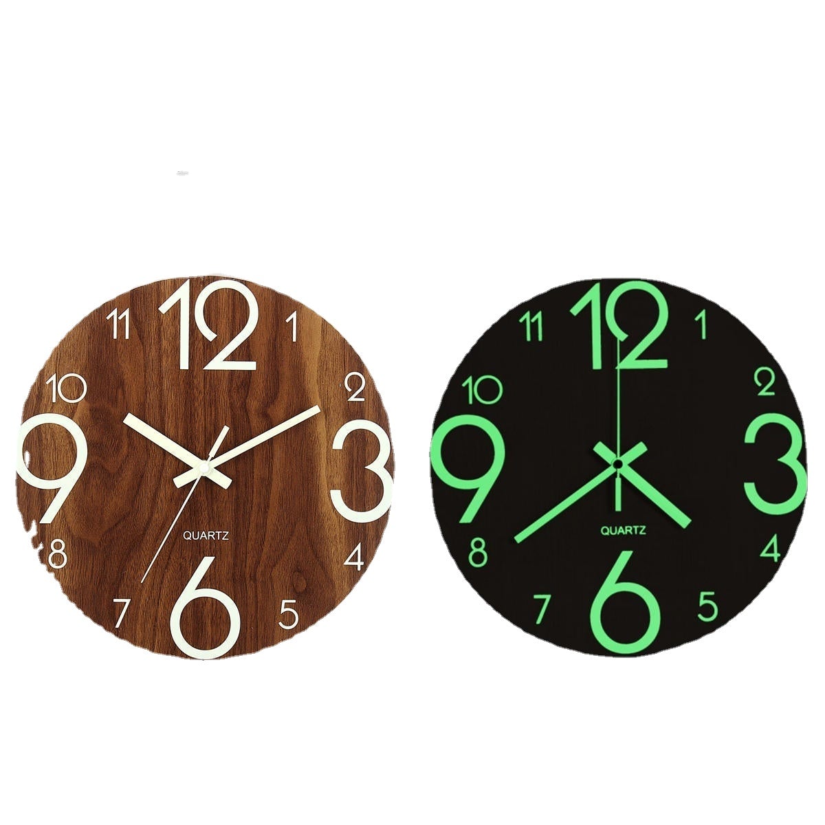 12" Luminous Wall Clock Quartz Wooden Silent Non Ticking Dark Home Room Decor