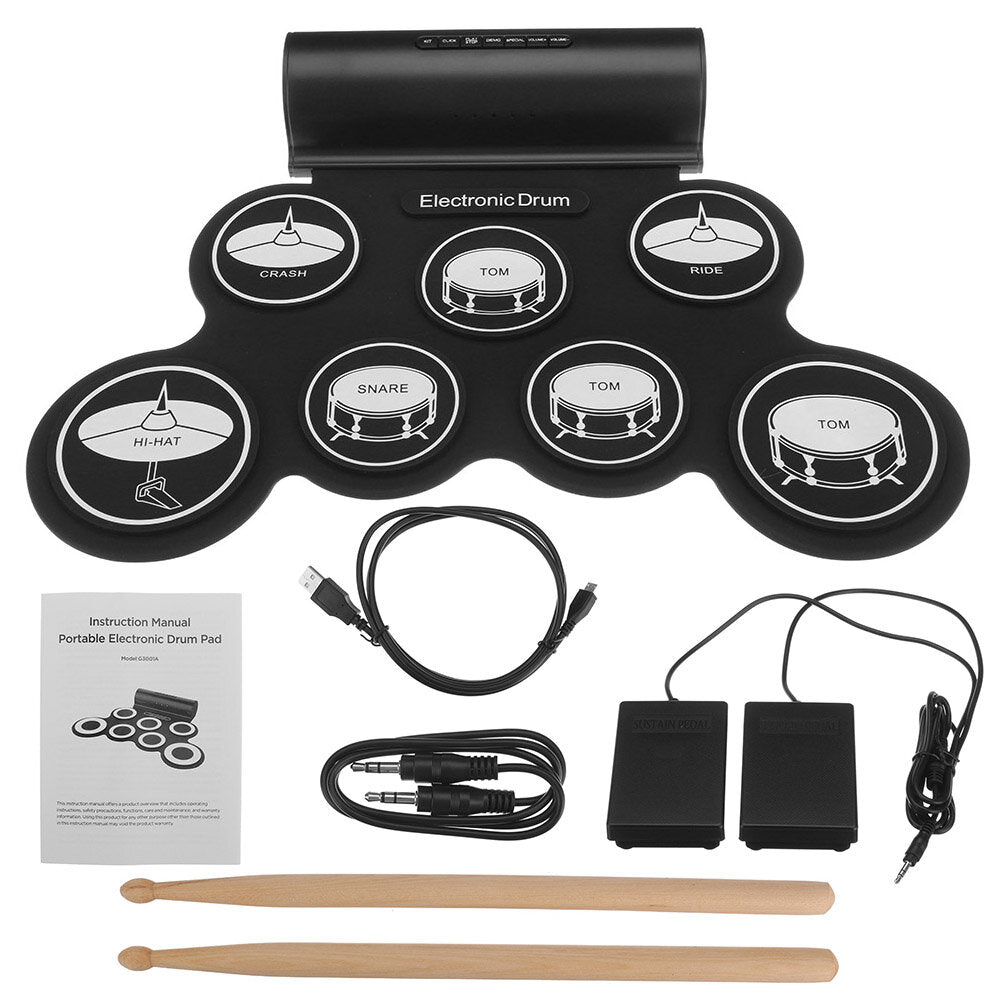 Electronic Drum Digital USB MIDI 7 Pads Roll Up Set Silicone Electric Drum Pad Built-in Speakers with Drumsticks Sustain Pedal