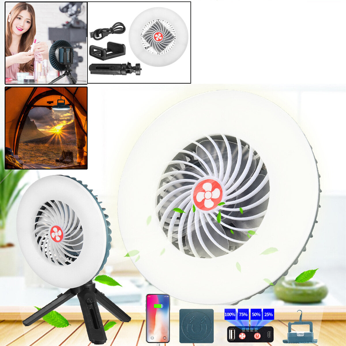 Portable Camping Light Multifunction USB Fan Built-in Batteries Rechargeable Mini Fan Light ABS Outdoor Lighting