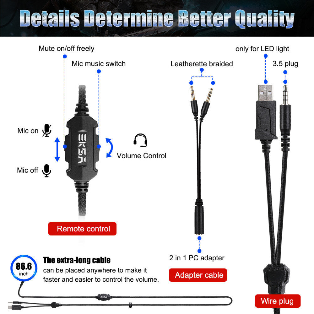 Gamer Headset Over Ear Gaming Headphone 3.5mm Double Jack With Rotate Mic RGB LED Light For PS4 PC Xbox