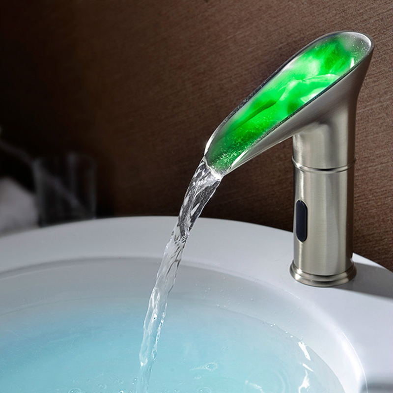 Automatic Sensor Faucet Waterfall LED Bathroom Basin Sink Widespread Brass Mixer Tap Single Lever