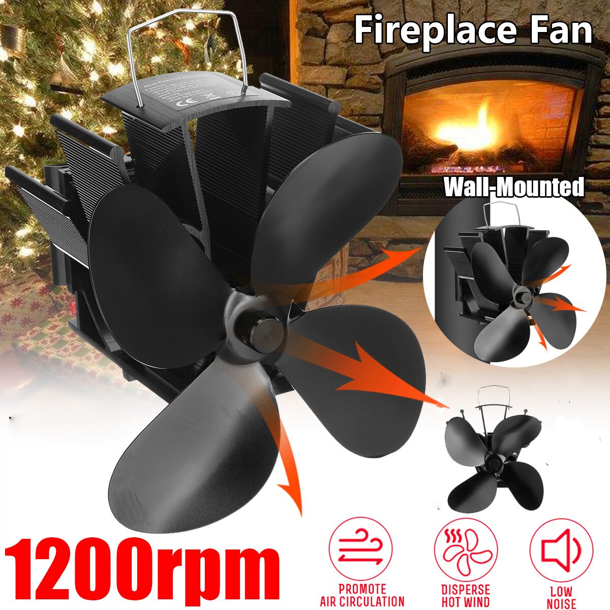 4 Blade Heat Self-Power Wood Stove Fan Burner Efficient Fireplace Silent