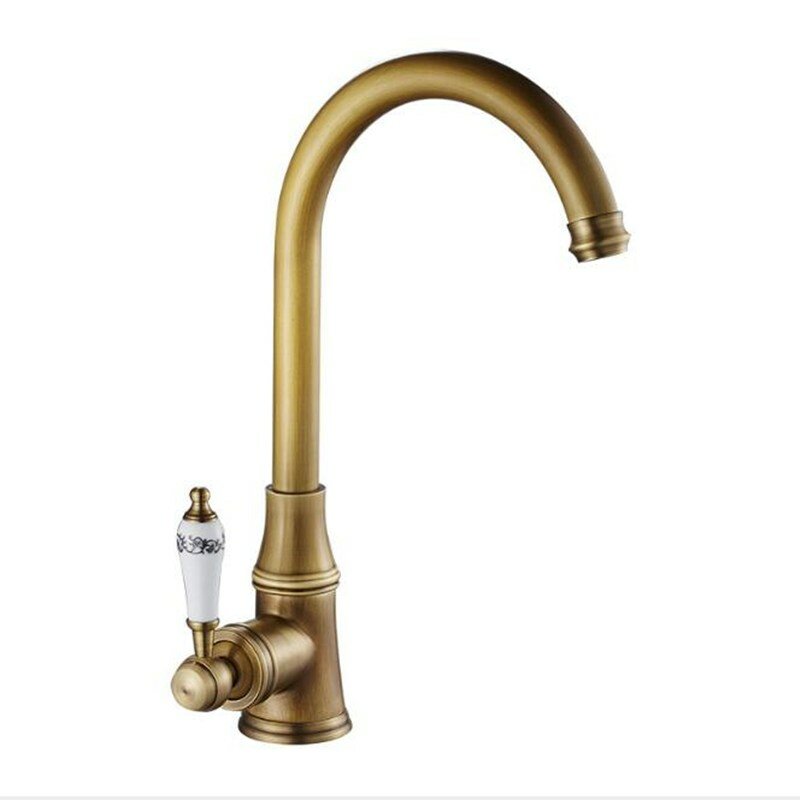 Retro Antique Brass Kitchen Sink Faucet Single Handle Rotation Spout Deck Cold and Hot Water Mixer Tap