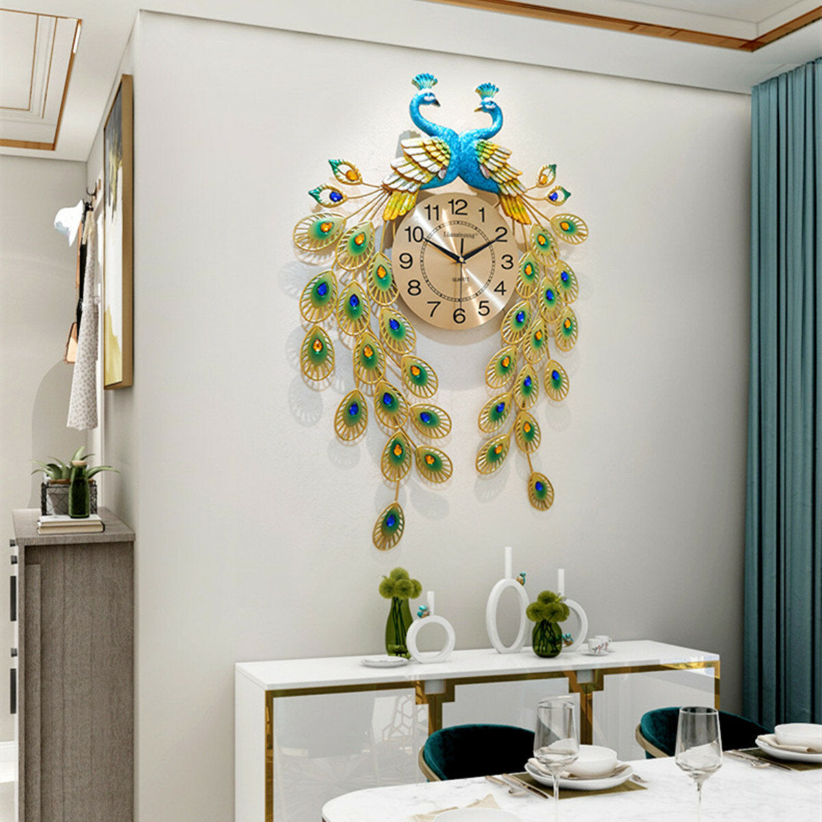 3D DIY Digital Large Peacock Wall Clock Metal Modern Art Home /Office Decoration