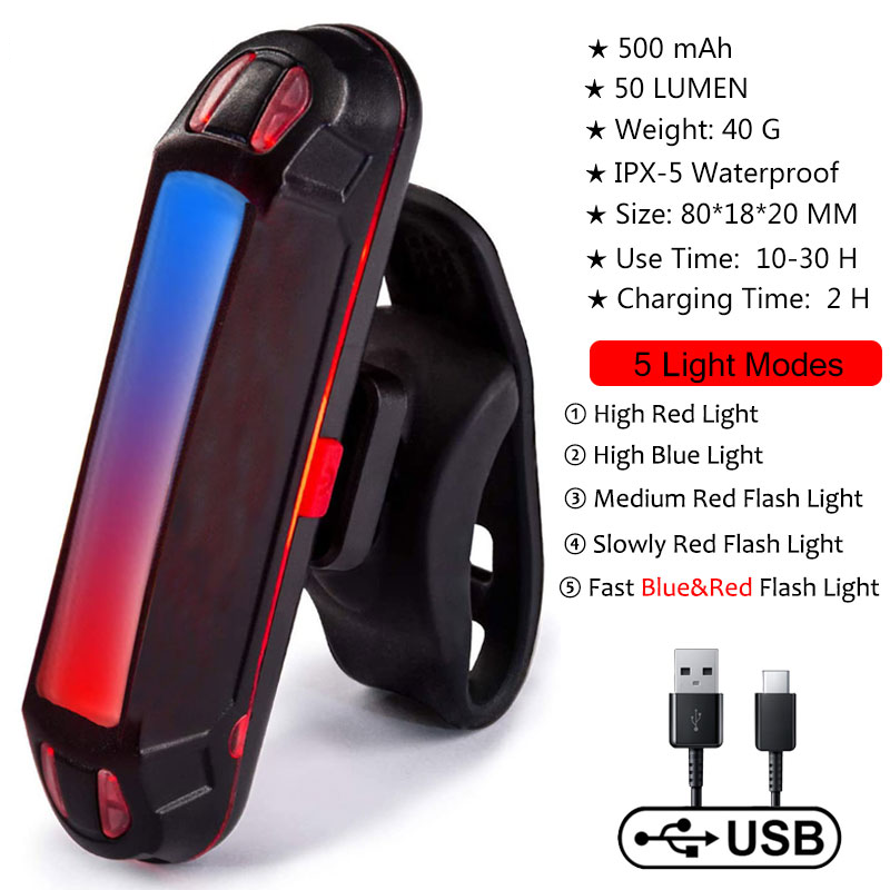Waterproof Bike Tail 500mAh Rear USB Charging 5 Modes Flashlight With COB Lamp