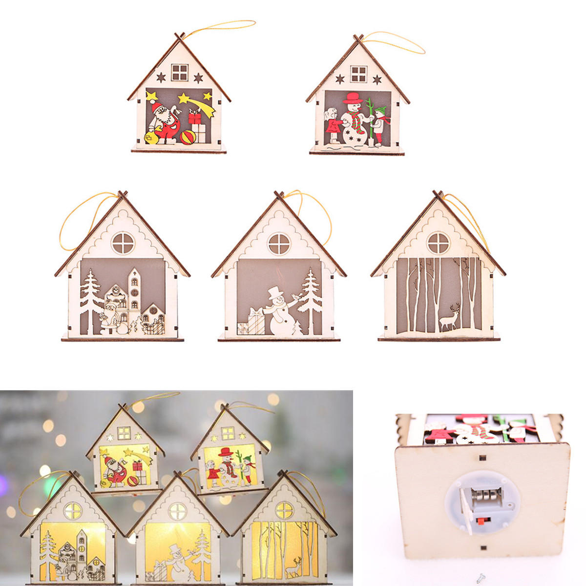 Christmas Light Decoration LED Wood House Light Cabin Santa Claus Tree Hanging Ornaments Holiday Decoration