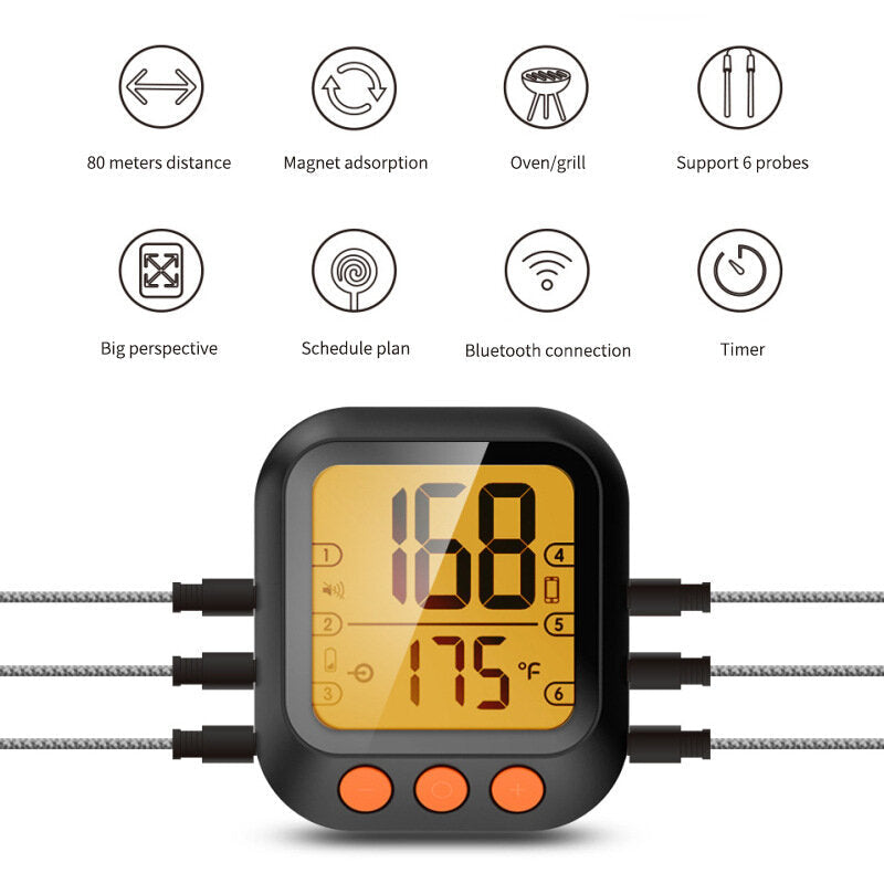 LCD Large Wide-angel Display Bluetooth Intelligent Barbecue Meat Thermometer 3.5"