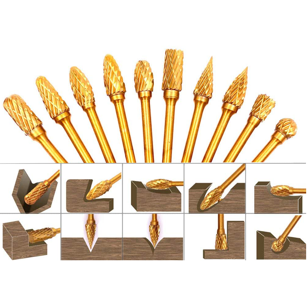 10Pcs Titanium Carbide Rotary Burr Set Double Cut Tungsten Steel Die Grinder Bits 3mm Shank and 6mm Head for Woodworking