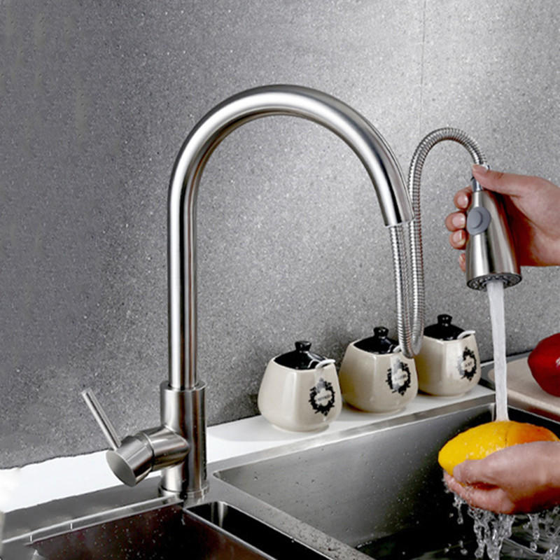 Kitchen Basin Sink Pull Out Faucet 360 Rotatable Drawing Down Sprayer Tap Hot & Cold Water Mixer Single Handle Copper Lead-Free Deck Mount