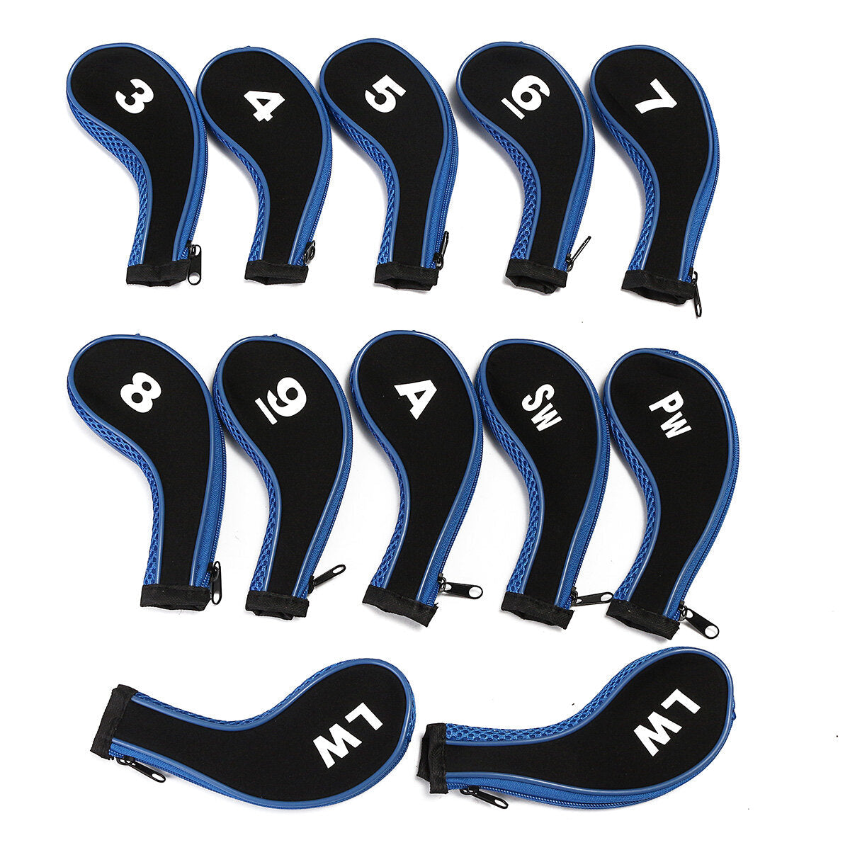 12Pcs/set Golf Clubs Iron Head Covers Driver Professional Number Tag Headcovers Rubber Golf Long Neck Protector Case with Zipper Long Neck Blue