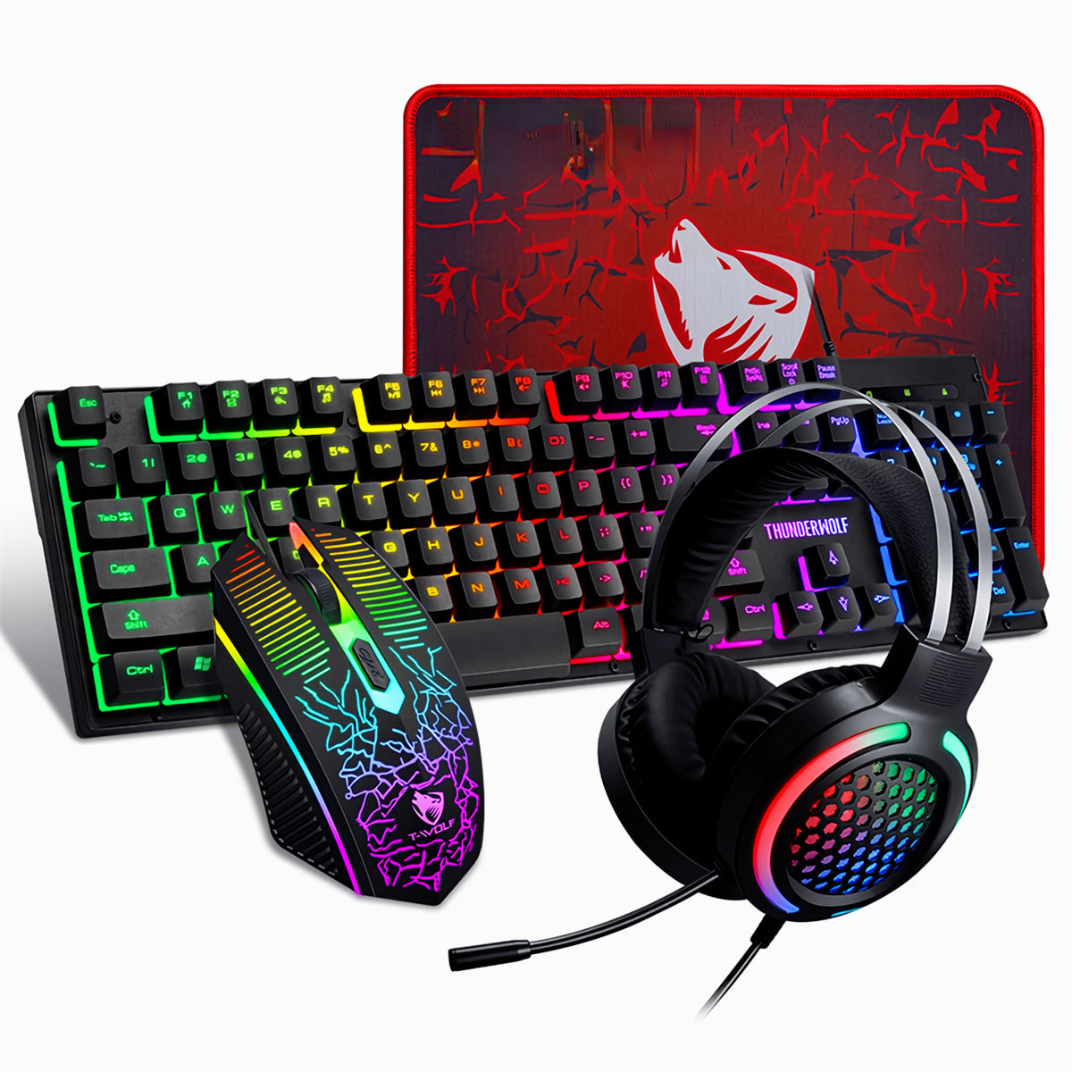 4Pcs Gaming Combo Kit 104 Keys Rainbow Backlit Keyboard Adjustable 2400DPI Mouse Wired RGB Lighting Headset with Anti-Slip Mouse Pad