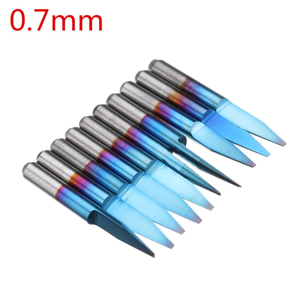 10pcs 0.1-0.7mm 20 Degree Engraving Bit Blue Nano Coated Carbide Flat Bottom PCB Engraving Bit CNC Router Tool