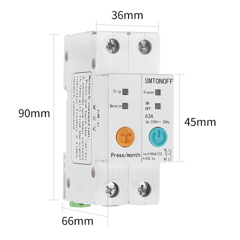 Single Phase Din Rail WIFI Smart Switch Energy Meter Leakage Protection Remote Read KWh Meter Wattmeter Works with Alexa Google 2P 63A