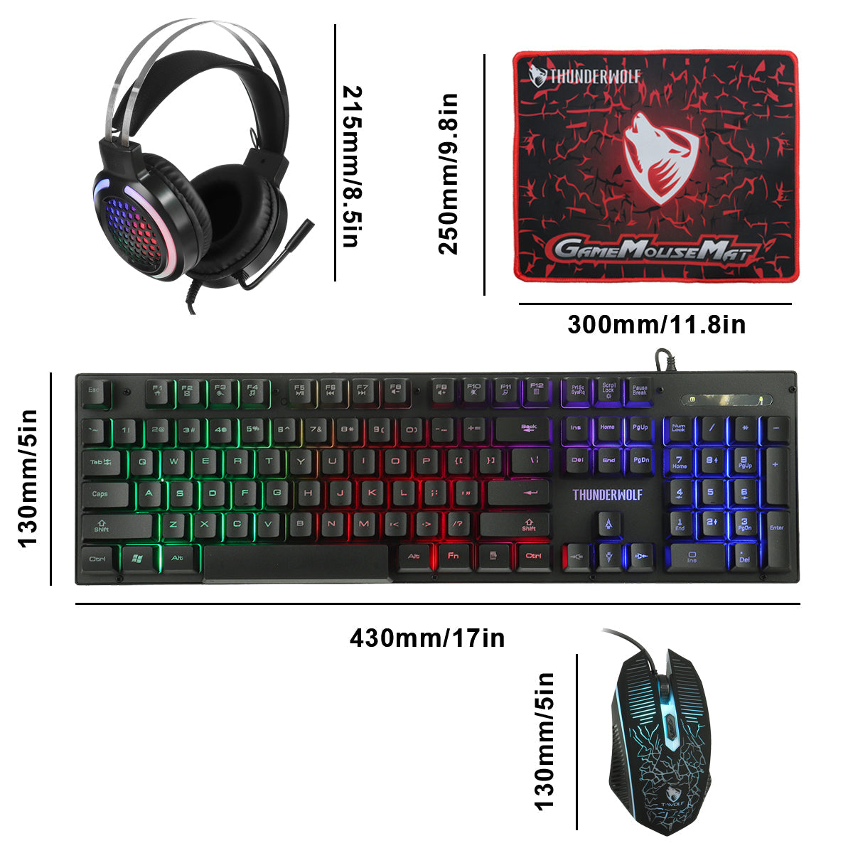 4Pcs Gaming Combo Kit 104 Keys Rainbow Backlit Keyboard Adjustable 2400DPI Mouse Wired RGB Lighting Headset with Anti-Slip Mouse Pad