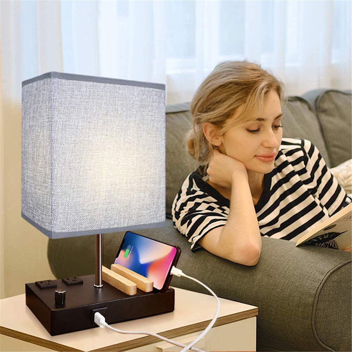 Table Lamp with 2 Phone Stands Dimmable USB Lamp Grey Table Lamp Built in 2 USB Ports & 2 AC Outlet, Bedside Lamps Idea