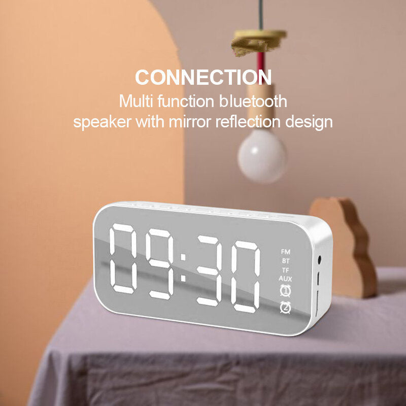 Wireless Bluetooth Speaker Mini LED Double Alarm Clock FM Radio TF Card AUX Soundbar Subwoofer with Mic