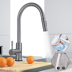304 Stretching Faucet Double Inlet Pipe Two Outlet Methods Thin Head Silver