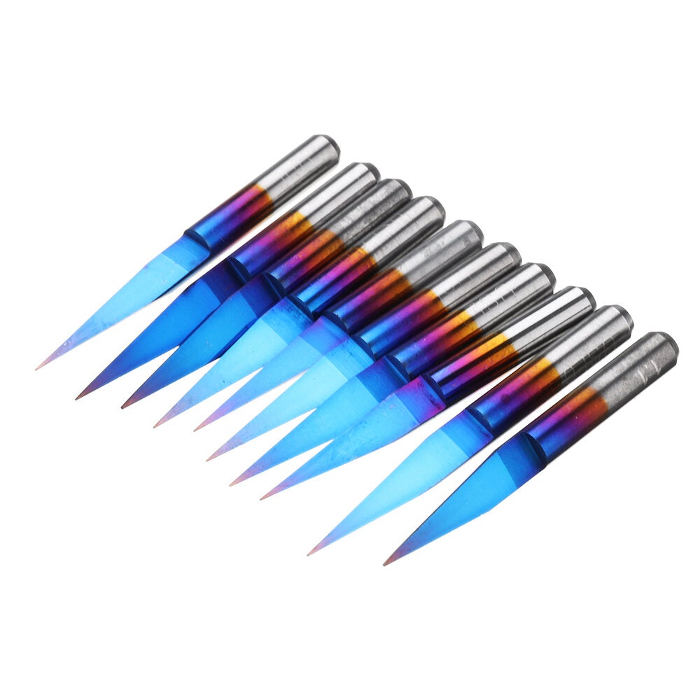 10pcs 0.1/0.2/0.3mm 15 Degree Blue Nano Coated Carbide Engraving Bit Flat Bottom PCB Engraving Bit CNC Router Tool