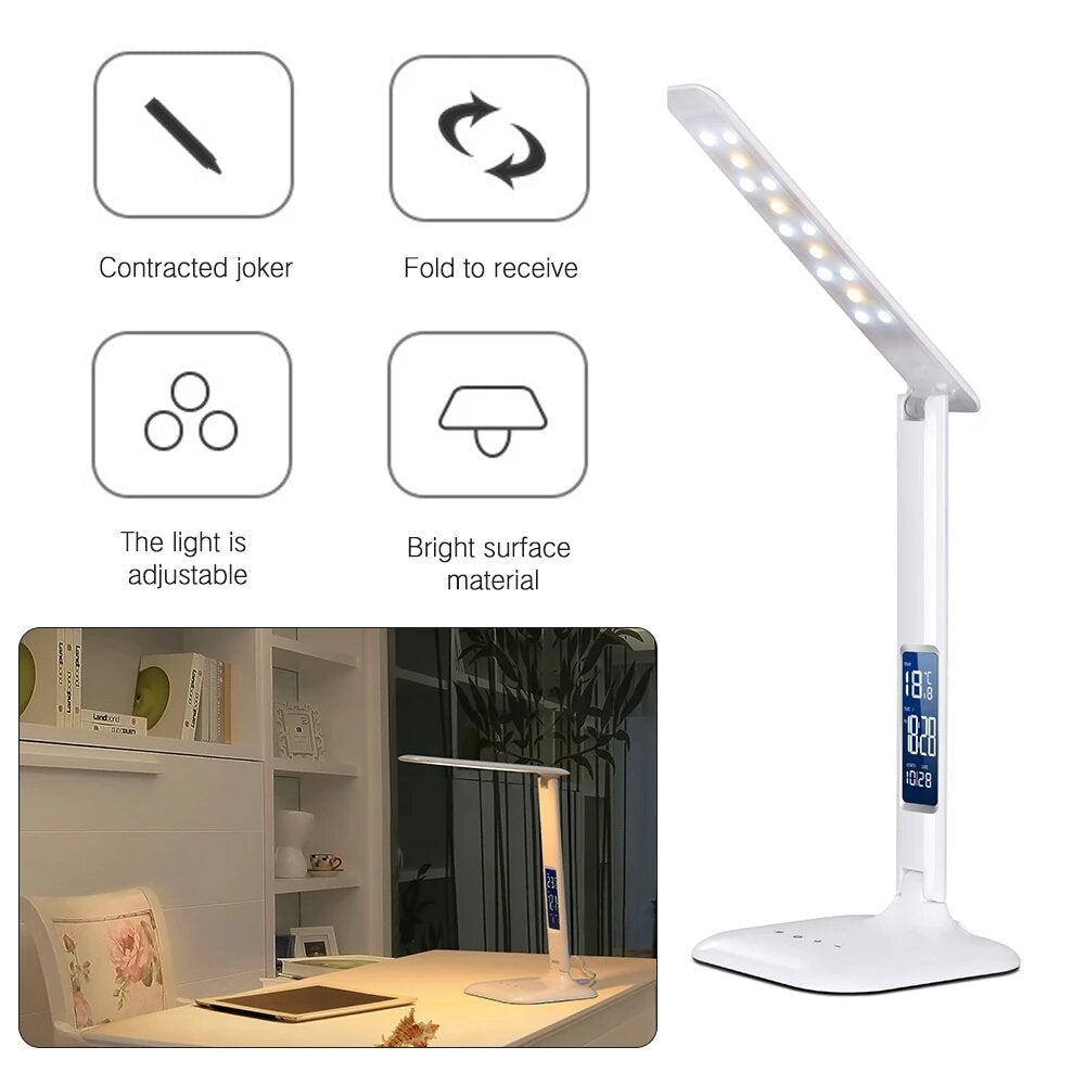Desk Lamp Touch Dimmable Foldable Eye Protect Reading Light with Calendar Temperature Alarm Clock,5W