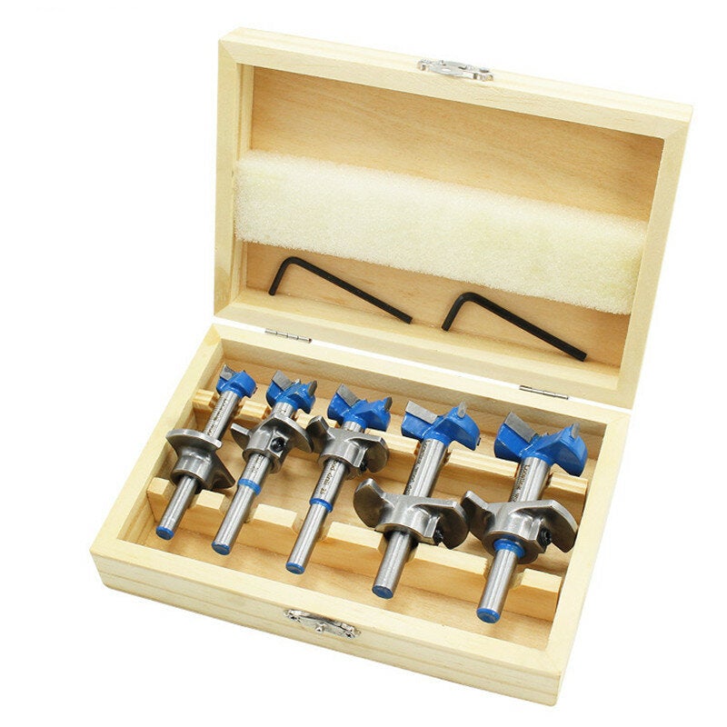 5Pcs Forstner Drill Bit Set 15 20 25 30 35mm Wood Auger Cutter Hex Wrench Hole Saw For Power Tools Blue