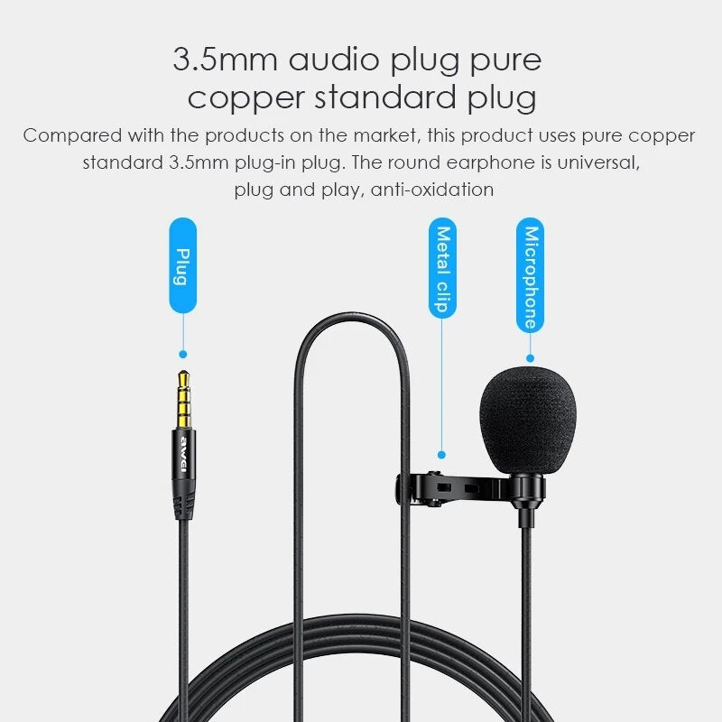 Microphone 3.5mm Aux Jack 3M Length Clean Sound Noise Cancelling for Vlog Laptop And Record