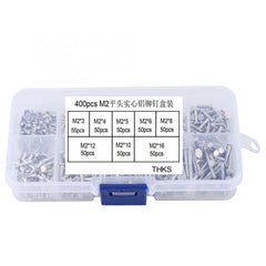 400Pcs M2 M2.5 Flat Head Solid Aluminum Rivets Assortment Kit