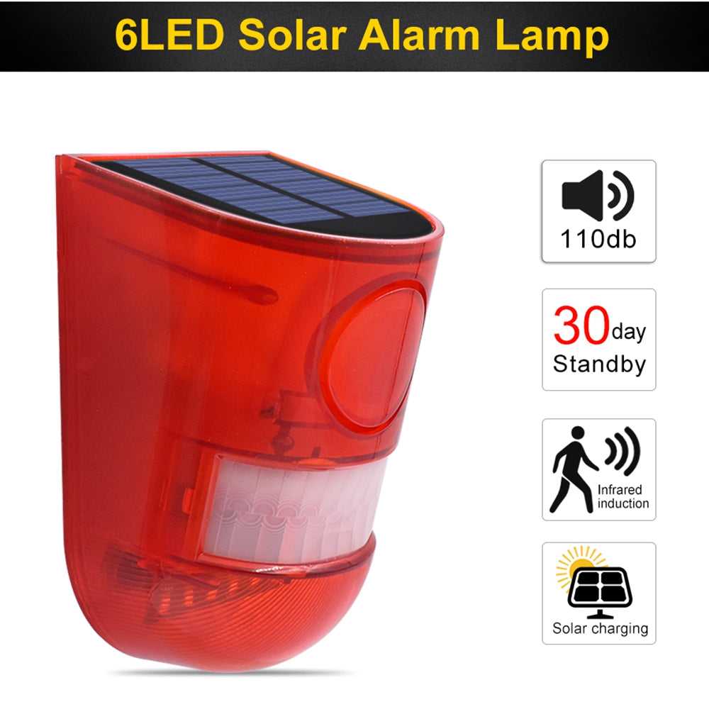 6 LED Solar Alarm Red Lamp Motion Sensor Warning Sound Light Waterproof for Garden Factory Warehouses