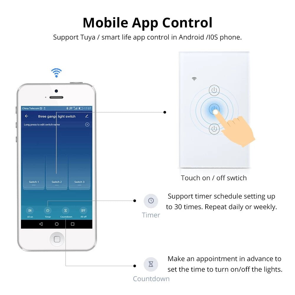 WiFi Light Switch Neutral Optional Wire 1 2 3 Gang Alexa Google Home Assistant Control 220v 240V