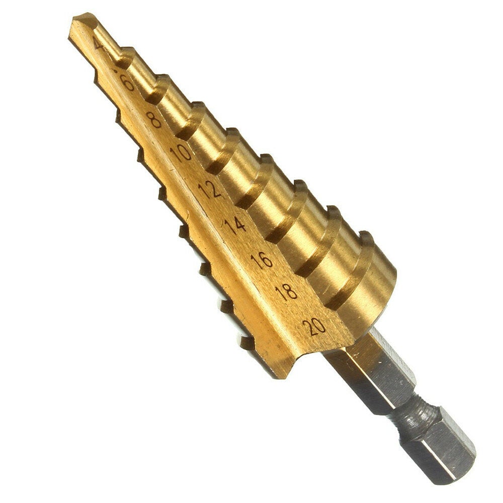 4Pcs 1/4 Inch Hex Shank HSS Titanium Coated Step Drill Bit Set 3-12/4-12/4-20/4-32mm