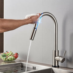Brushed Nickel Stainless Steel Kitchen Sink Faucets Mixer 360 Rotation Smart Touch Sensor Pull Out Hot Cold Water Tap Crane