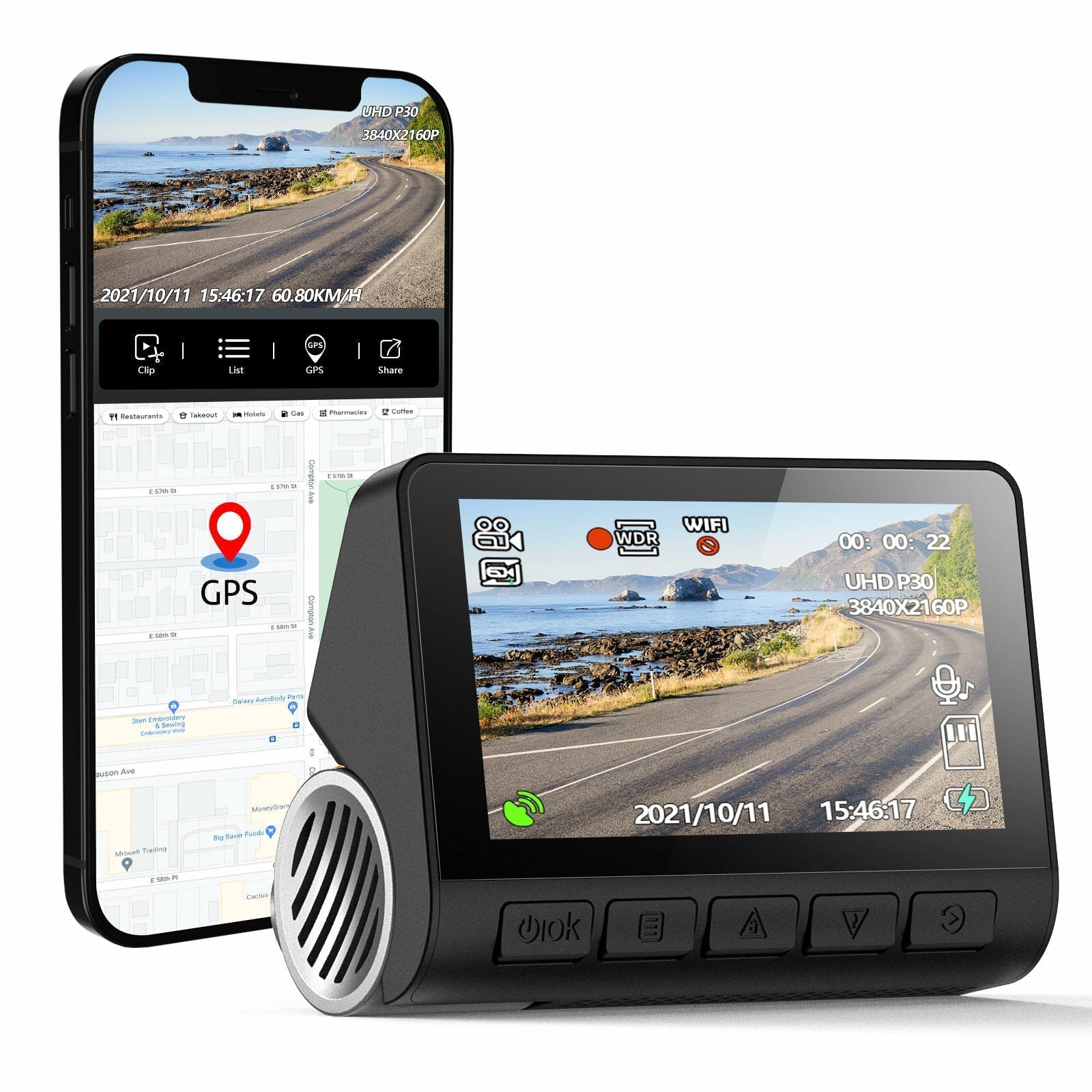 Dash Cam Car DVR 2160P GPS ADAS 24H Parking Support Rear Cam Night Vision Voice Prompt APP Control